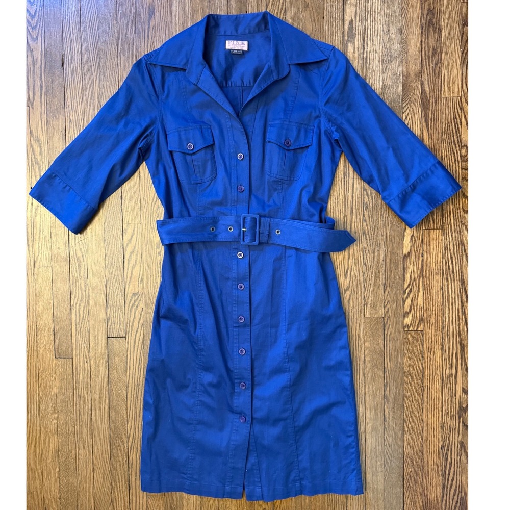 Thomas Pink Royal Blue Cotton Belted Shirt Dress 3/4 Sleeve Utility Size 6 US - Picture 1 of 8